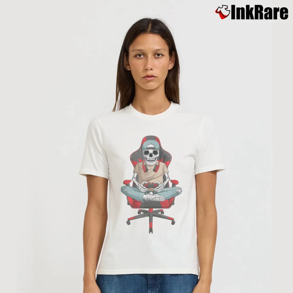 Women’s Halloween Skeleton Gamer Video Gaming T-Shirt in white | Soft, Flattering Fit