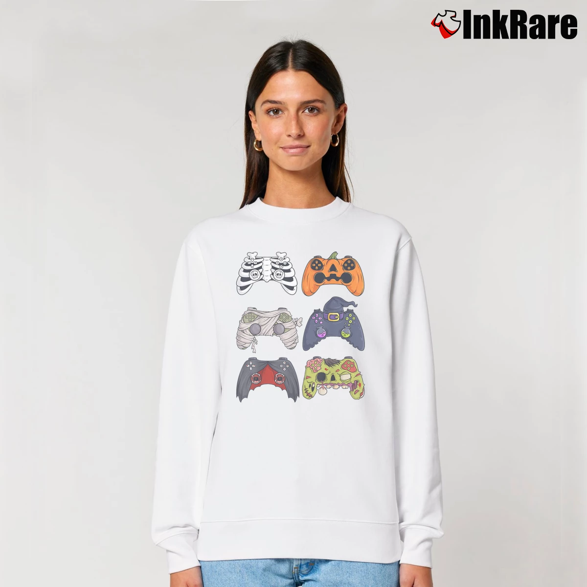 Women’s Halloween Skeleton Zombie Gaming Controllers Mummy Relaxed Sweatshirt in white | Soft, Laid-Back Vibe