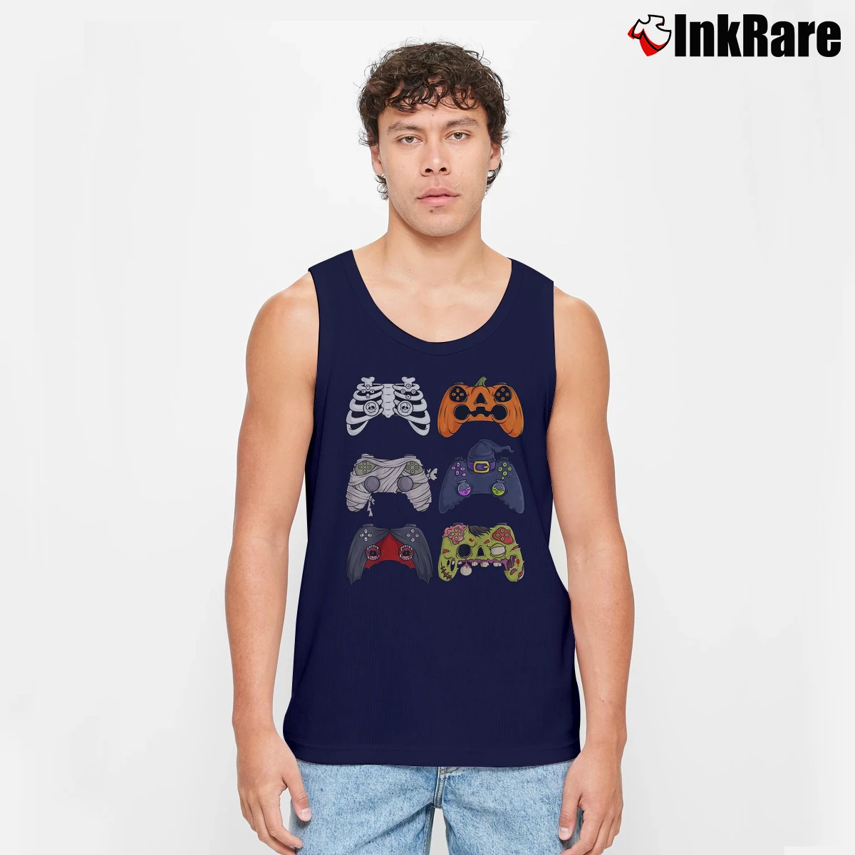 Men’s Halloween Skeleton Zombie Gaming Controllers Mummy Tank Top in navy | Breathable, Active-Friendly Design