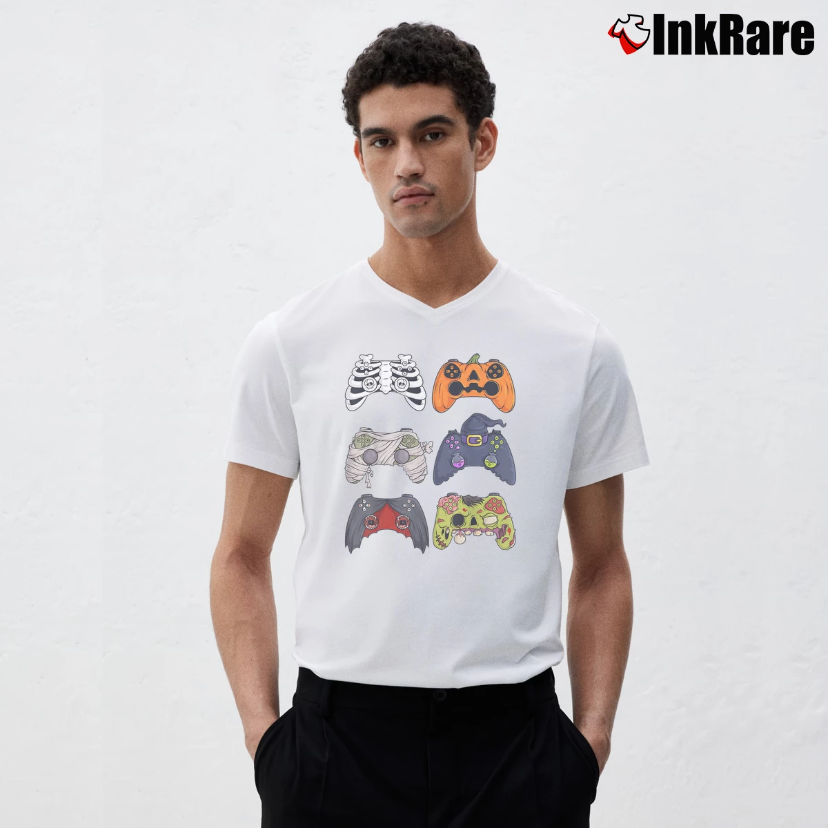 Men’s Halloween Skeleton Zombie Gaming Controllers Mummy V-Neck Tee in white | Sharp, Breathable, Everyday Staple