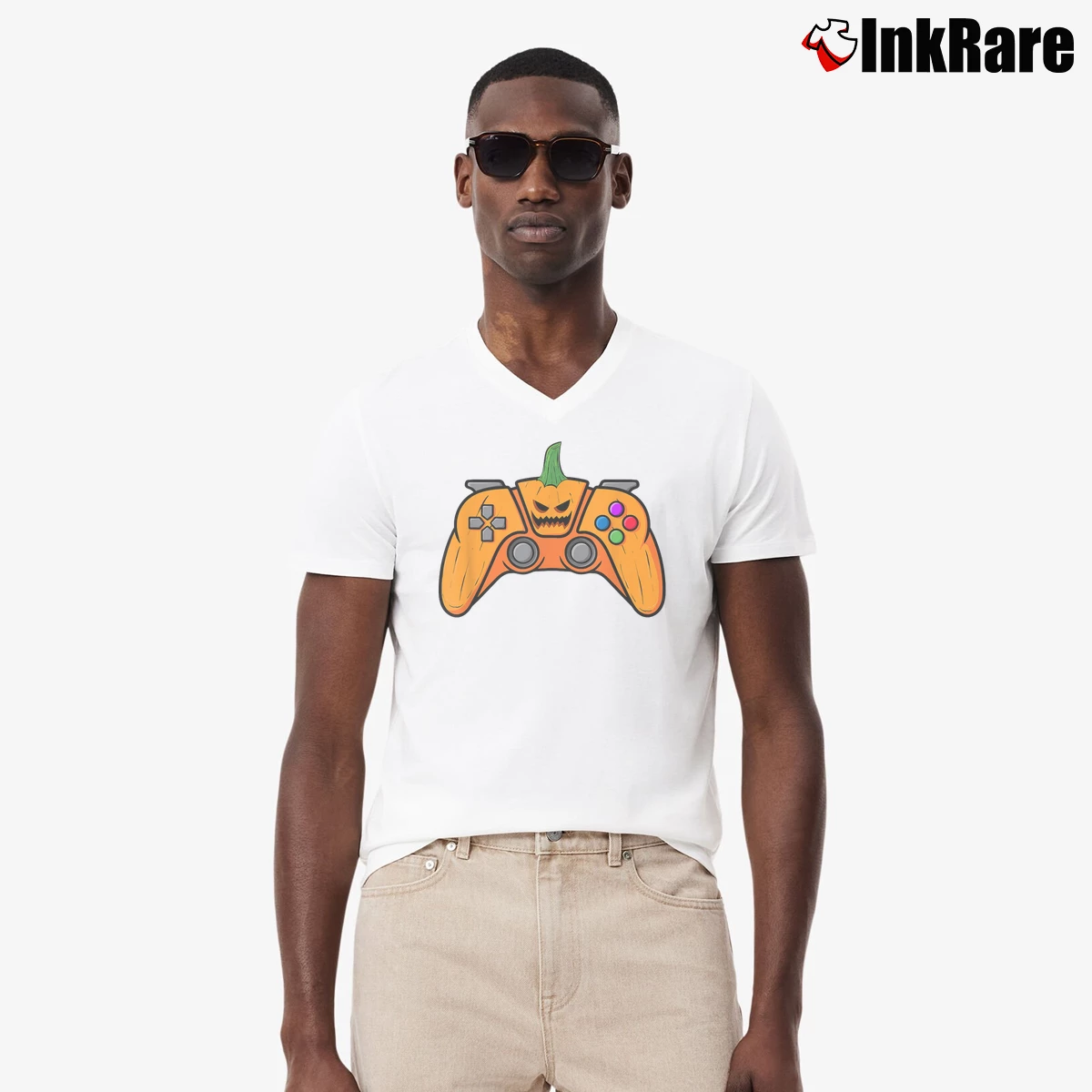 Men’s Halloween Video Game Controller Pumpkin Gaming V-Neck Tee in white | Sharp, Breathable, Everyday Staple