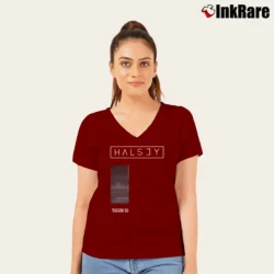 Women’s Halsey Room 93 Anxiety Fashion V-Neck Tee in maroon | Chic Neckline, Soft Texture