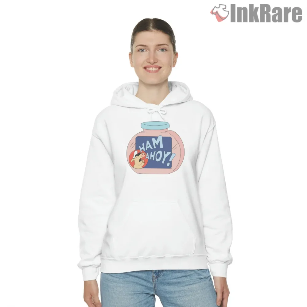 Ham Ahoy Springfield Food Parody Jar Label Shirt on white hoodie for women graphic tee