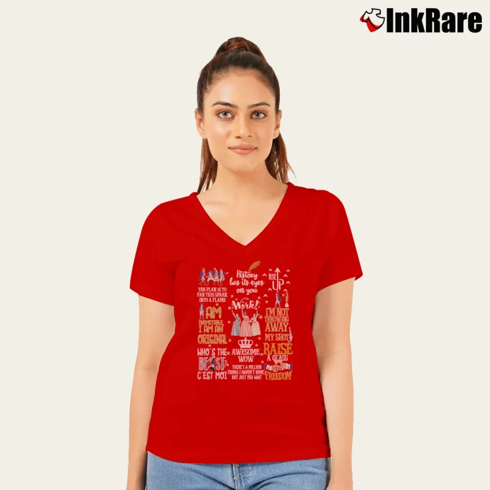 Women’s Hamilton Musical Best Quotes V-Neck Tee in red | Chic Neckline, Soft Texture