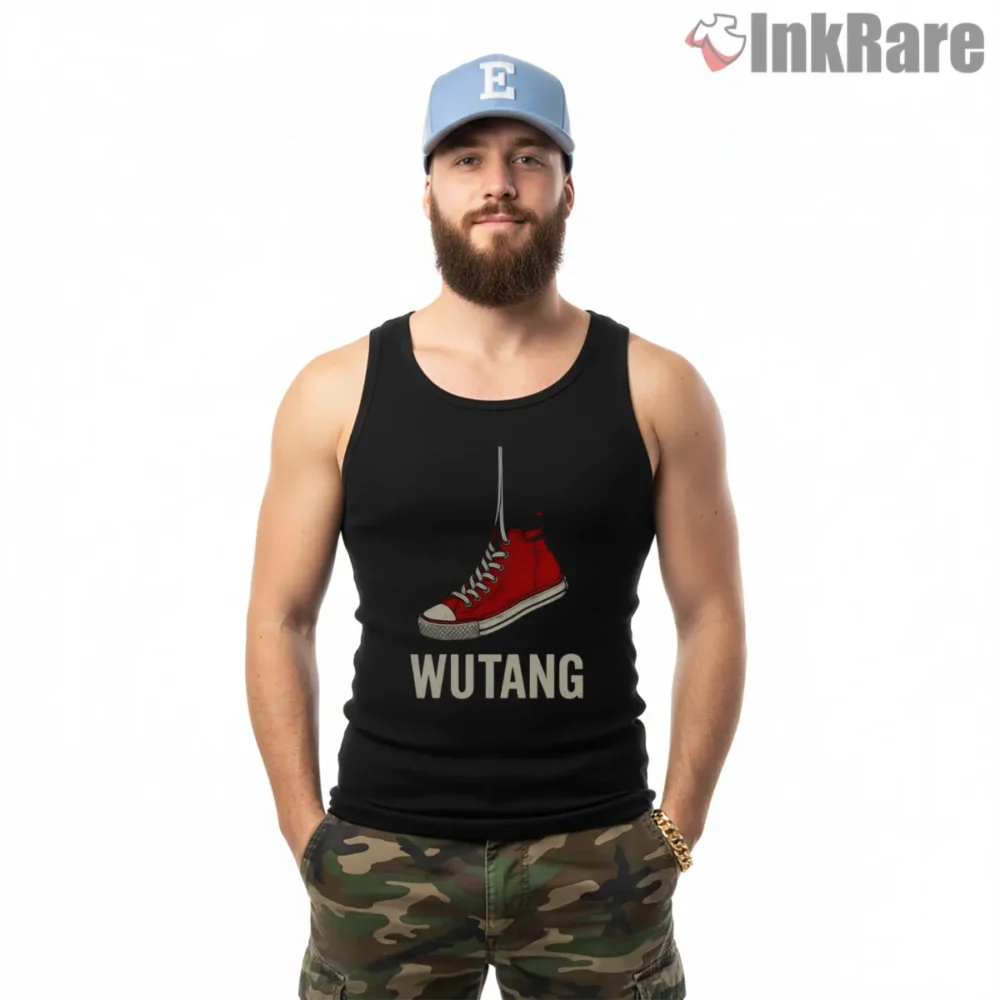 Hanging Sneaker Wu Tang Wordmark Shirt on black tank top for men graphic tee