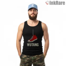 Hanging Sneaker Wu Tang Wordmark Shirt on black tank top for men graphic tee