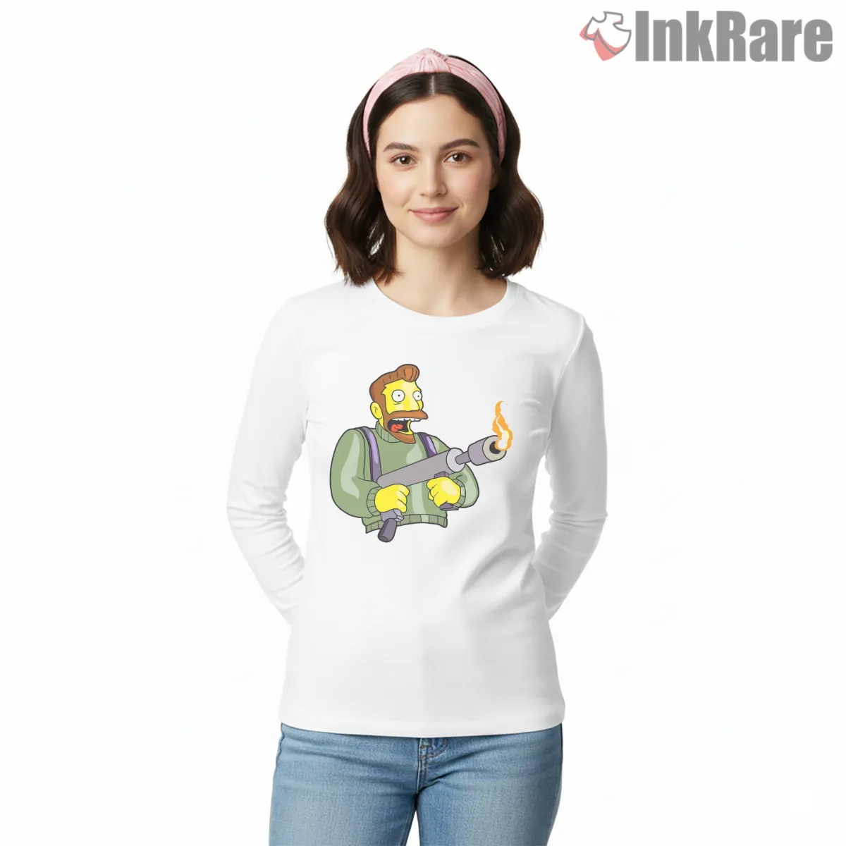 Hank Scorpio Flamethrower Villain Cartoon Action Long Sleeve White Hank Scorpio Flamethrower Villain Cartoon Action Shirt on white long sleeve shirt for women graphic tee