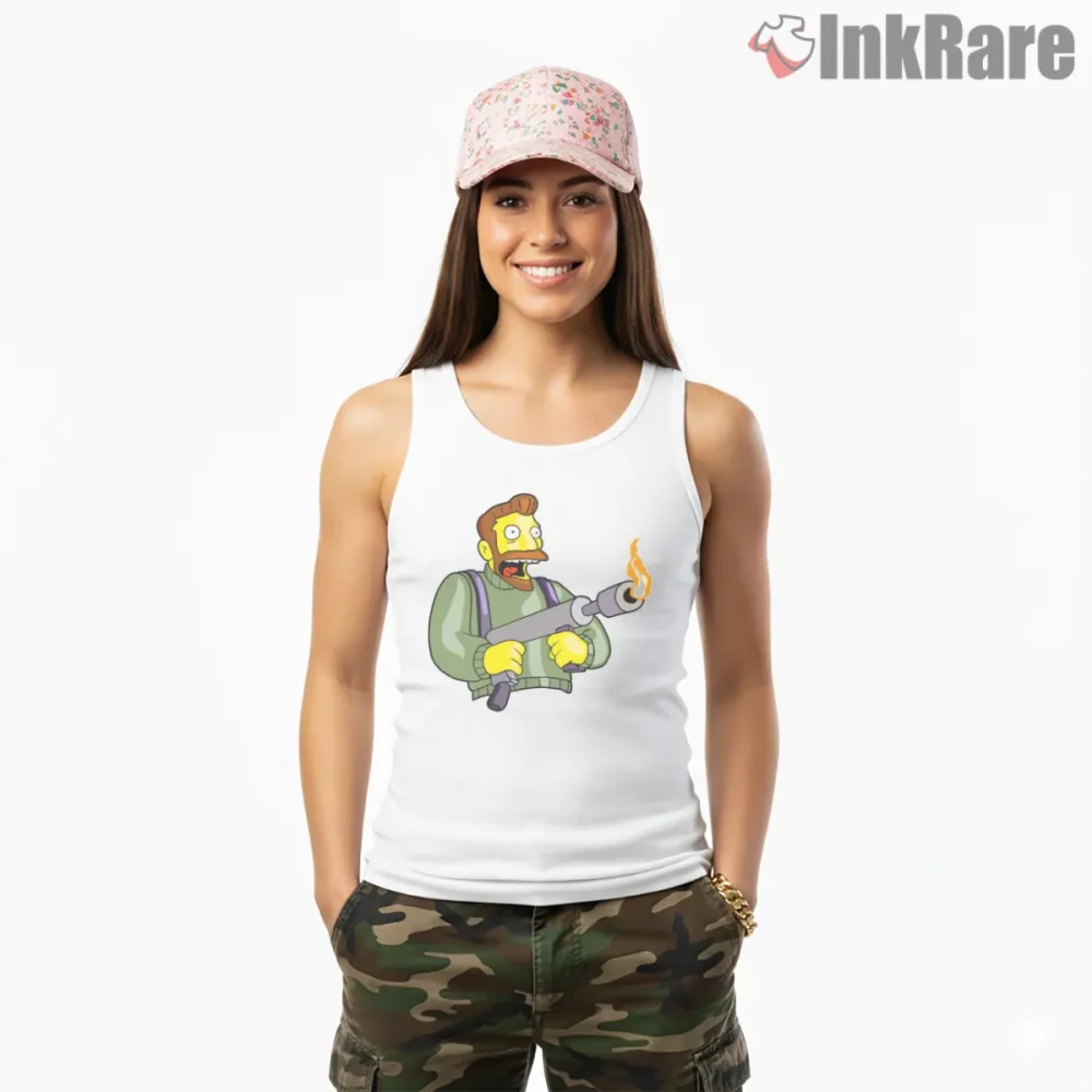 Hank Scorpio Flamethrower Villain Cartoon Action Shirt on white tank top for women graphic tee