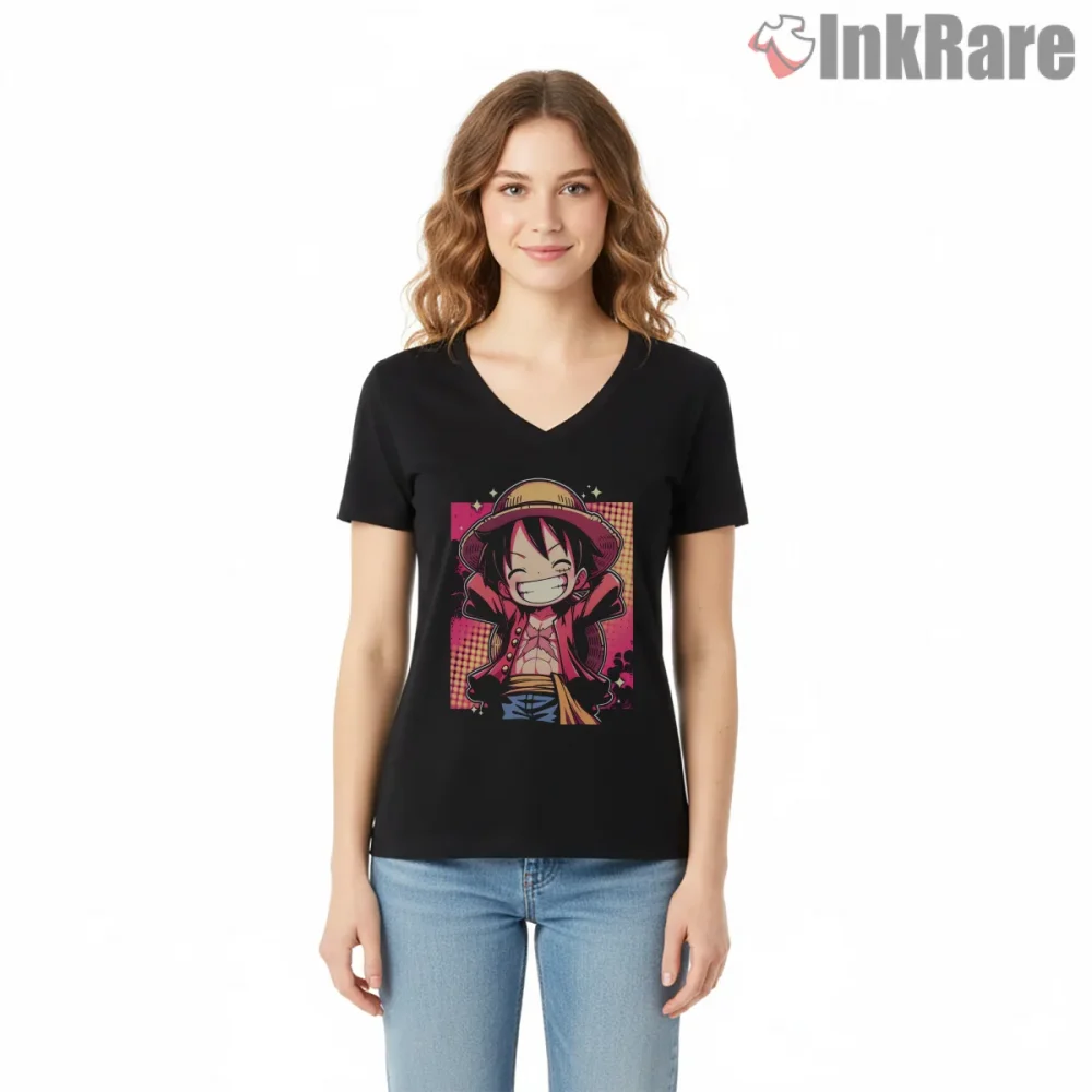 Happy Chibi Luffy Straw Hat Smile Anime Shirt on black v-neck shirt for women graphic tee
