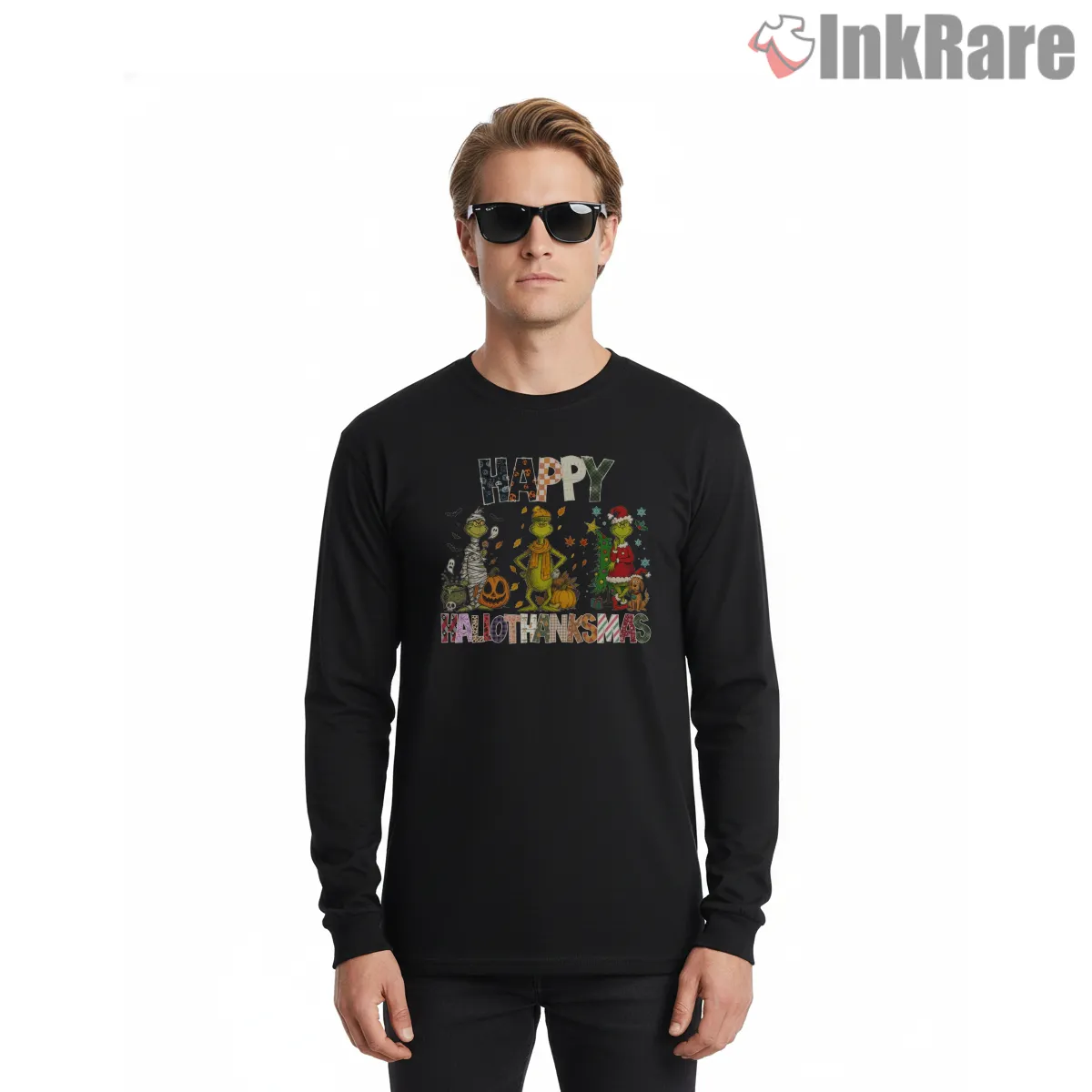 Happy Hallothanksmas Grinch Holiday Mashup Long Sleeve Black Happy Hallothanksmas Grinch Holiday Mashup Shirt on black long sleeve shirt for men graphic tee