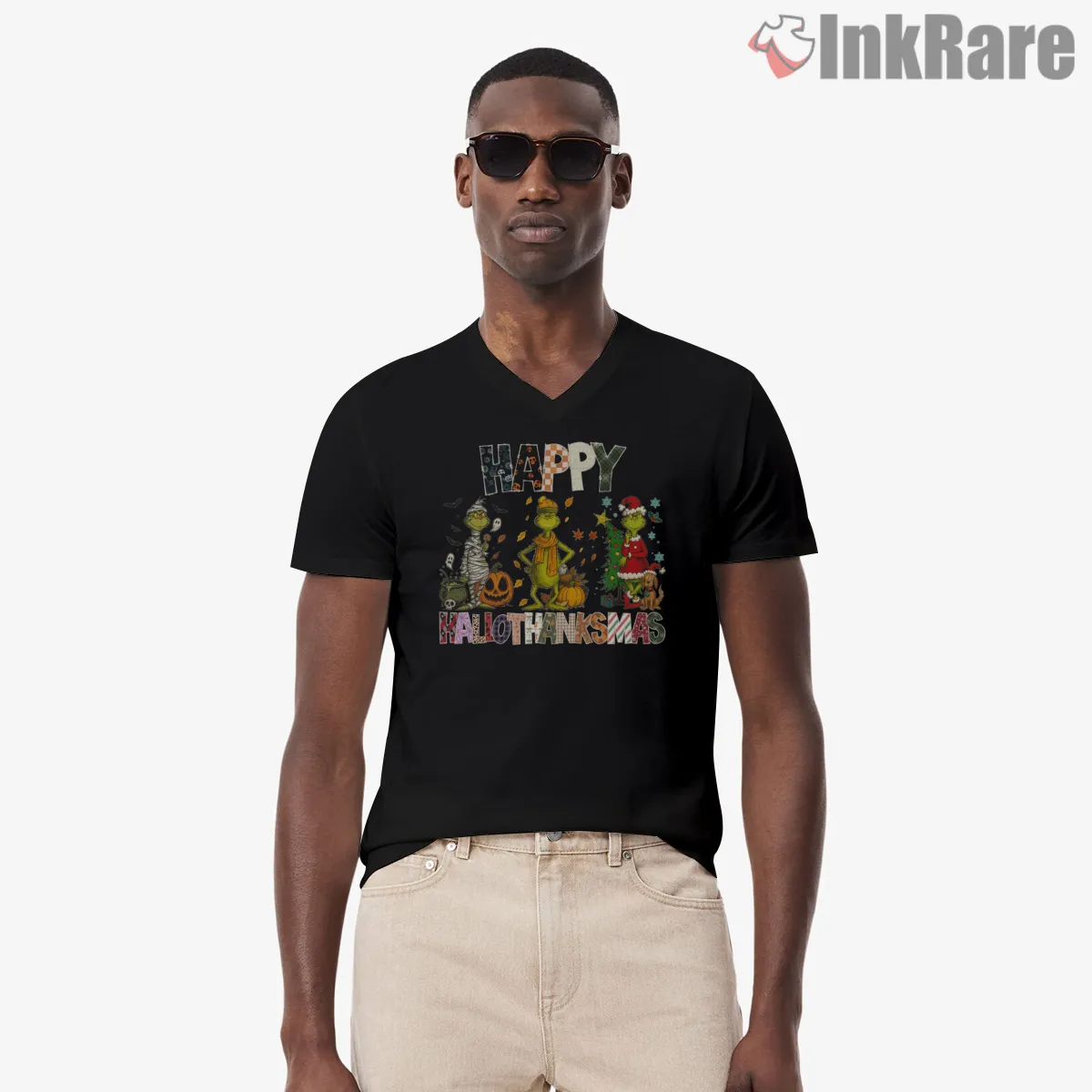 Happy Hallothanksmas Grinch Holiday Mashup V Neck Black Happy Hallothanksmas Grinch Holiday Mashup Shirt on black v-neck shirt for men graphic tee
