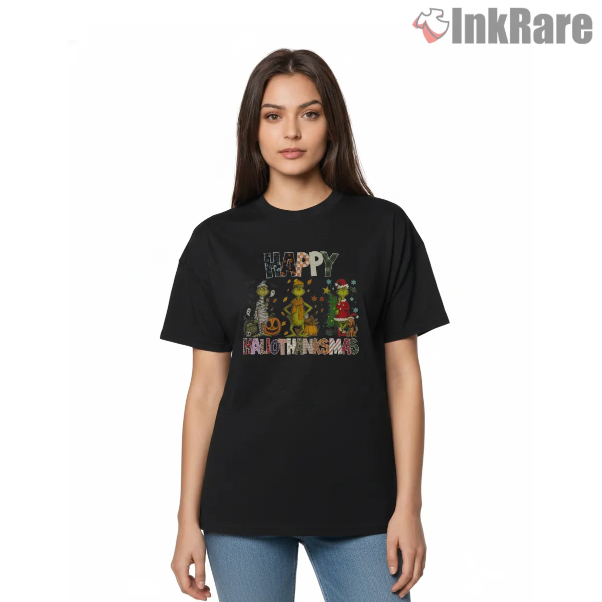 Happy Hallothanksmas Grinch Holiday Mashup Short Sleeve Black Happy Hallothanksmas Grinch Holiday Mashup Shirt on black short sleeve shirt for women graphic tee