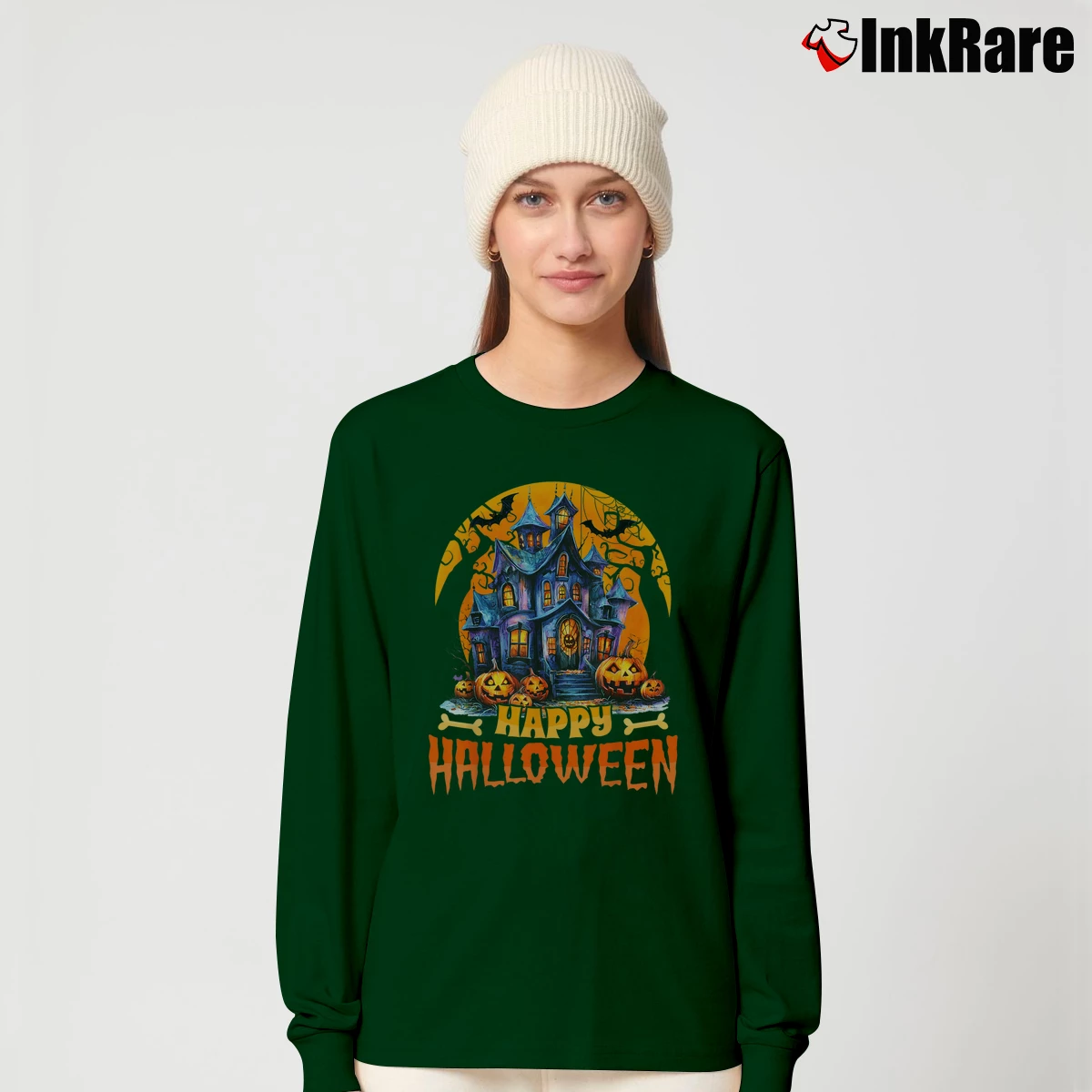 Women’s Happy Halloween Haunted House Costume Long-Sleeve Top in forest green | Sleek, Versatile, All-Season