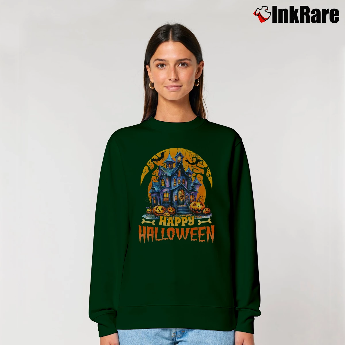 Women’s Happy Halloween Haunted House Costume Relaxed Sweatshirt in forest green | Soft, Laid-Back Vibe