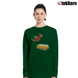 Women’s Happy Hot Dog In Bun Cartoon Long-Sleeve Top in forest green | Sleek, Versatile, All-Season