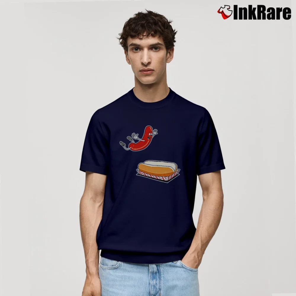 Men’s Happy Hot Dog In Bun Cartoon Classic T-Shirt in navy | Soft, Breathable Everyday Wear