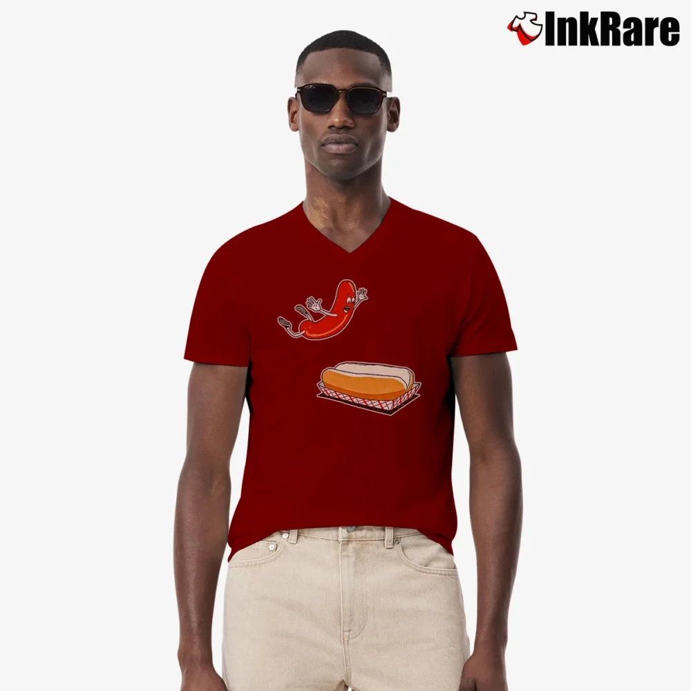 Men’s Happy Hot Dog In Bun Cartoon V-Neck Tee in maroon | Sharp, Breathable, Everyday Staple