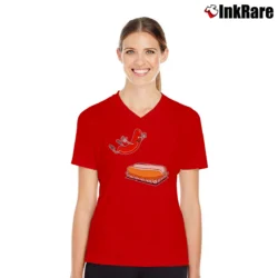 Women’s Happy Hot Dog In Bun Cartoon V-Neck Tee in red | Chic Neckline, Soft Texture