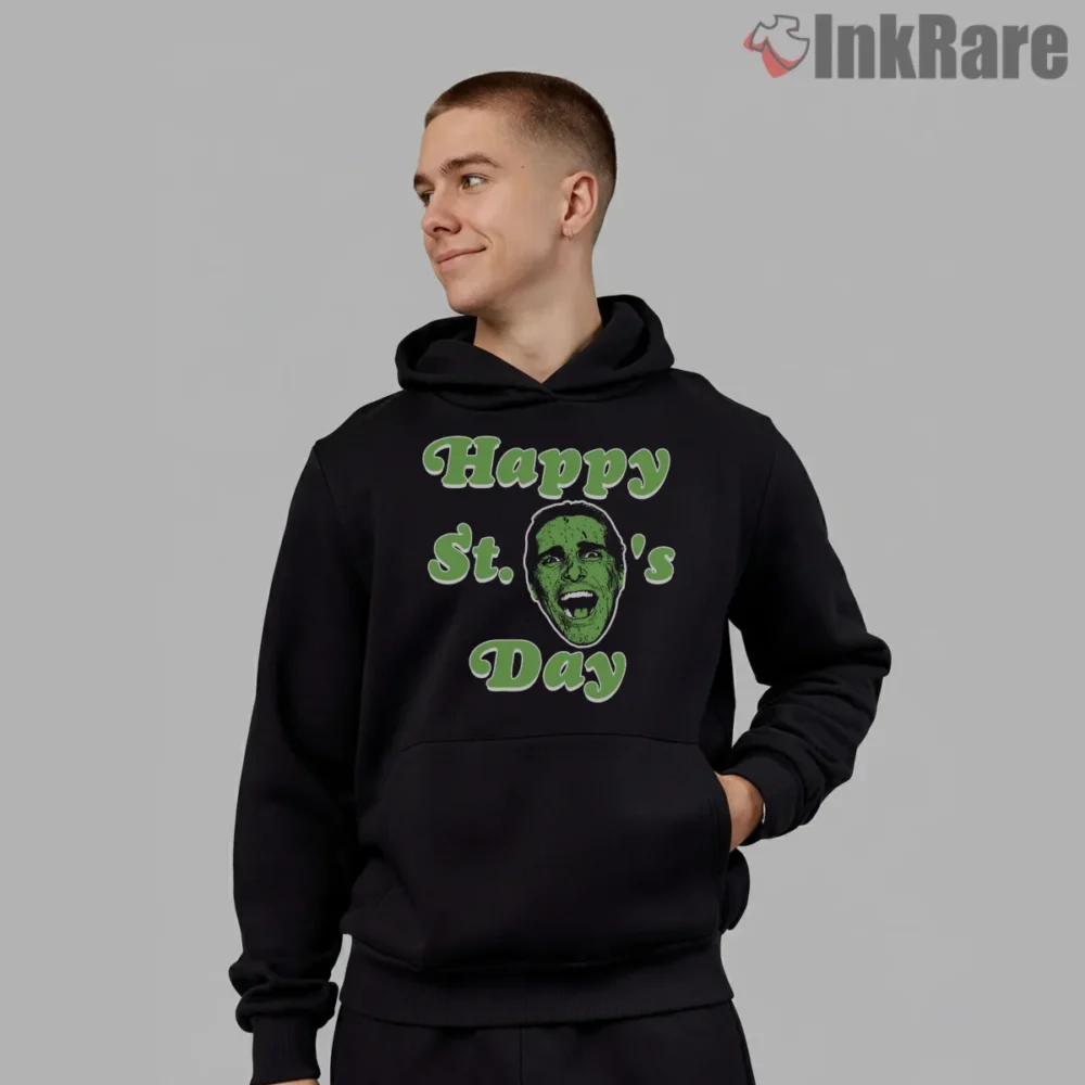 Happy St Patrick Batemans Day Horror Mashup Shirt on black hoodie for men graphic tee