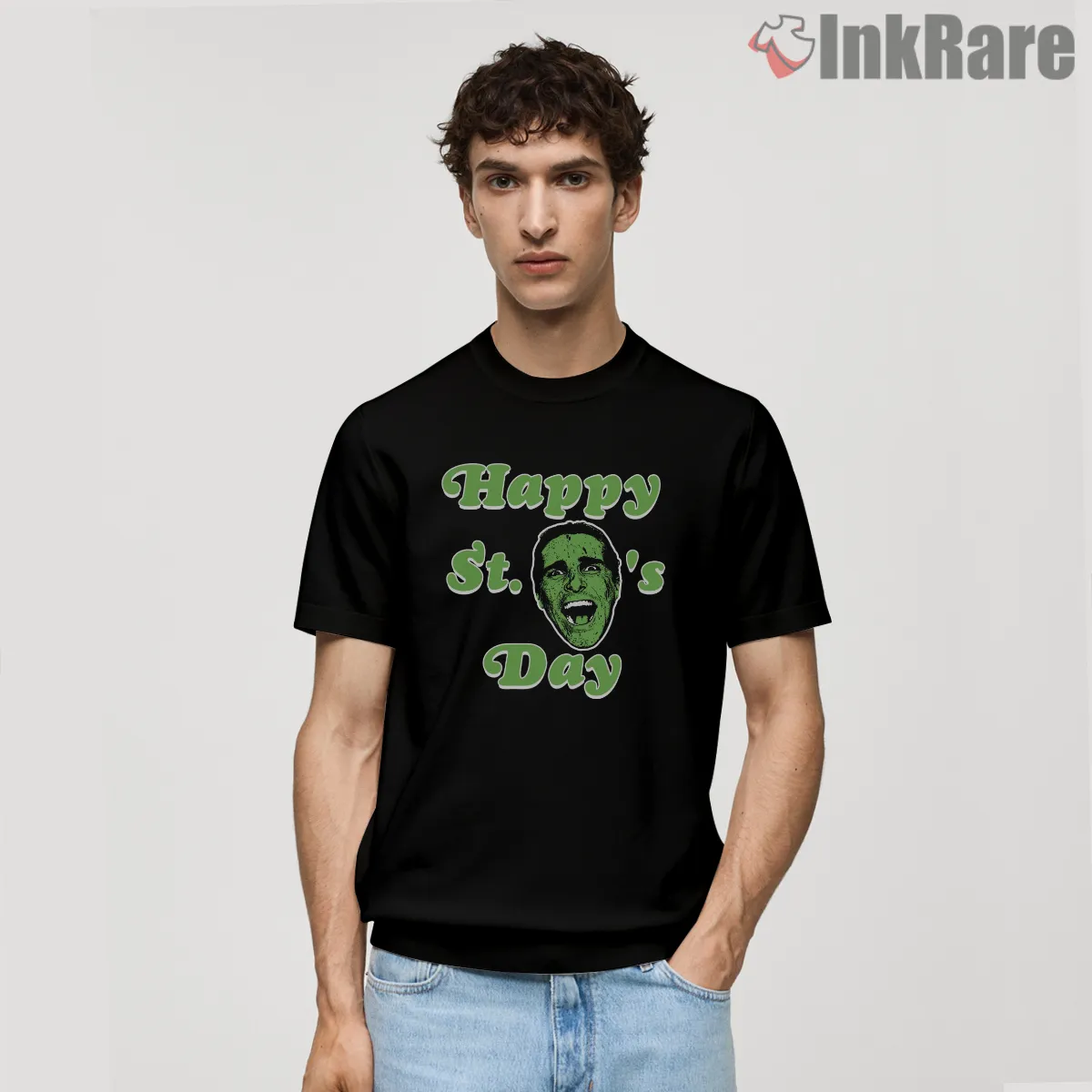 Happy St Patrick Batemans Day Horror Mashup Shirt on black short sleeve shirt for men graphic tee