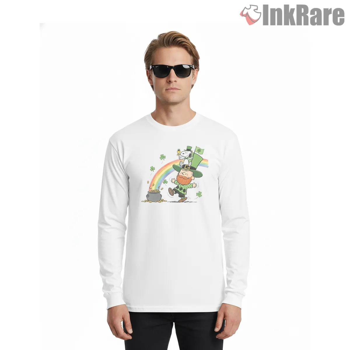 Happy St Patricks Day Charlie Brown And Snoopy Shirt on white long sleeve shirt for men graphic tee