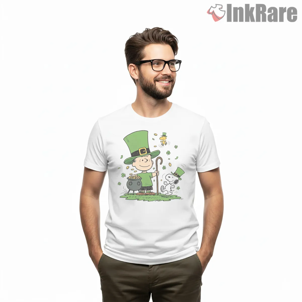 Happy St Patricks Day Charlie Brown Shamrock Shirt on white short sleeve shirt for men graphic tee