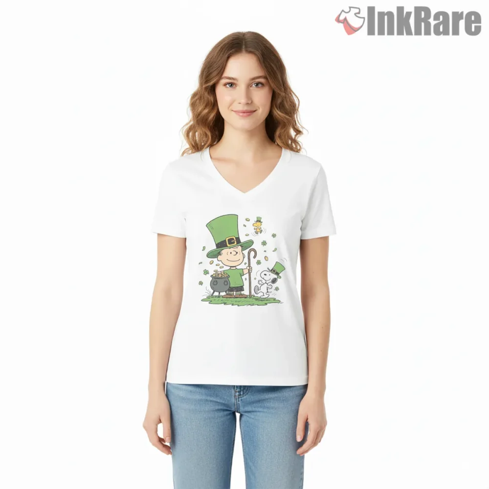 Happy St Patricks Day Charlie Brown Shamrock Shirt on white v-neck shirt for women graphic tee