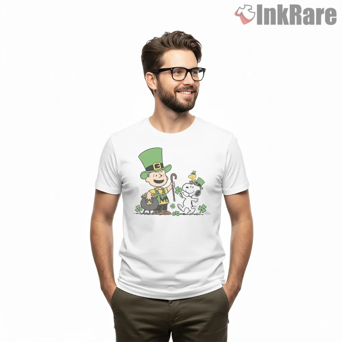 Happy St Patricks Day Peanuts Celebration Shirt on white short sleeve shirt for men graphic tee