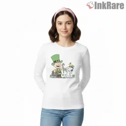 Happy St Patricks Day Peanuts Celebration Shirt on white long sleeve shirt for women graphic tee