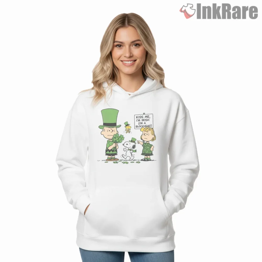 Happy St Patricks Day Peanuts Gang Shirt on white hoodie for women graphic tee
