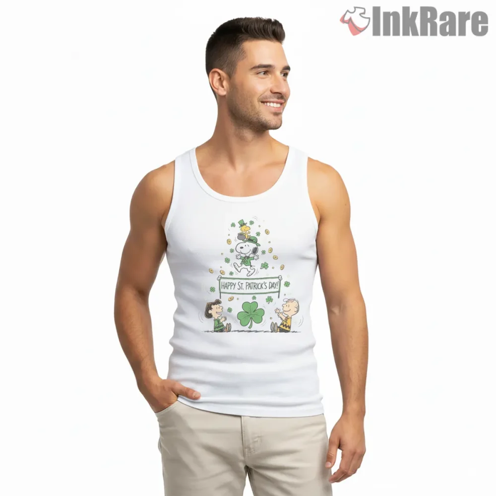 Happy St Patricks Day Peanuts Group Shirt on white tank top for men graphic tee
