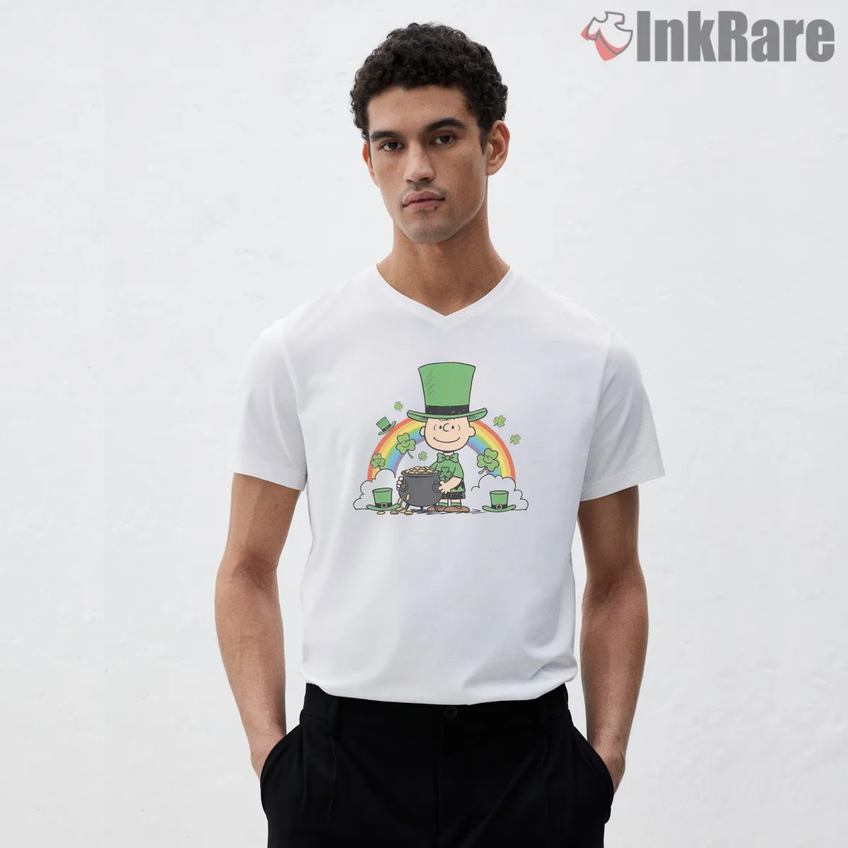 Happy St Patricks Day Peanuts Rainbow Shirt on white v-neck shirt for men graphic tee