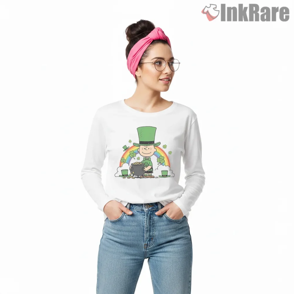 Happy St Patricks Day Peanuts Rainbow Shirt on white long sleeve shirt for women graphic tee