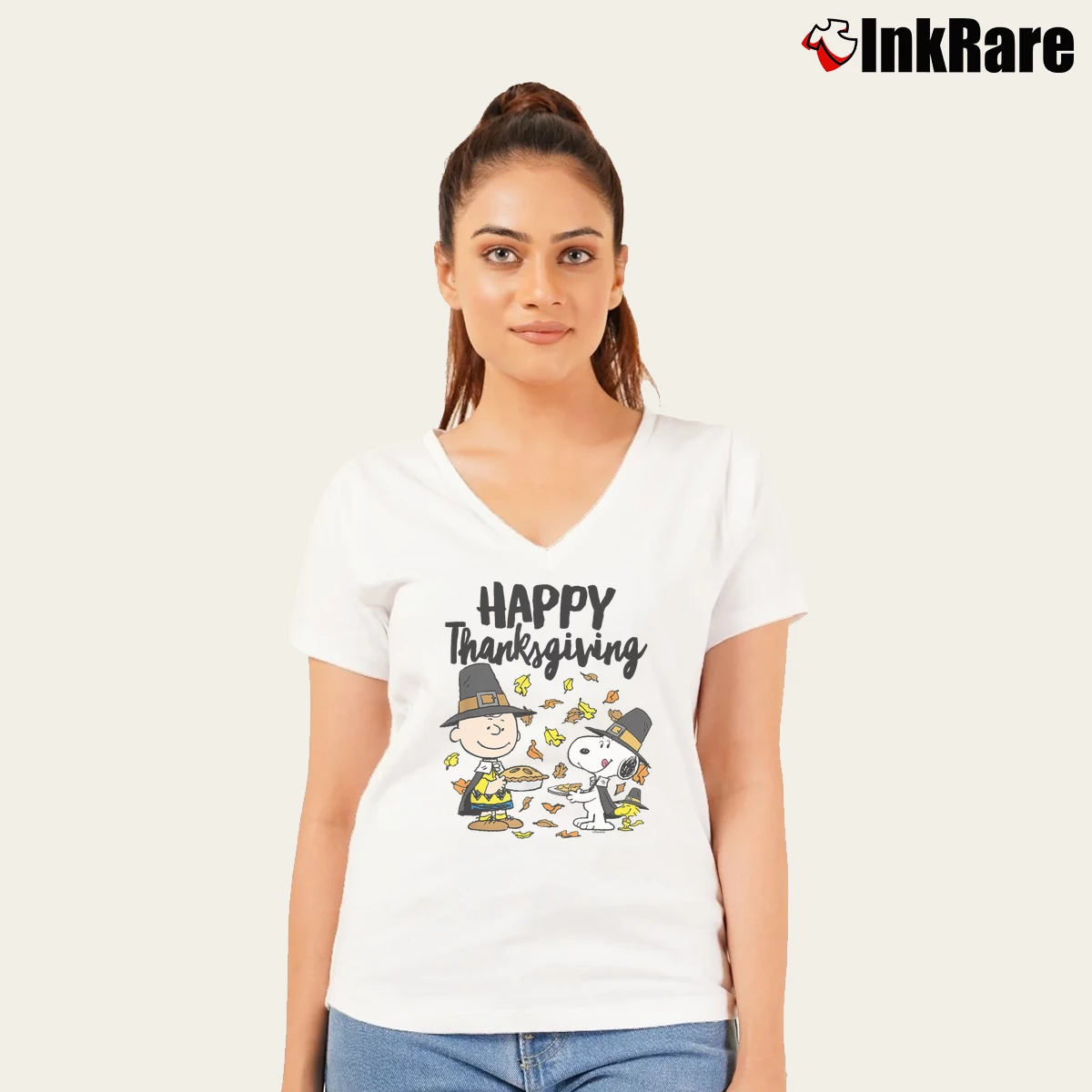 Happy Thanksgiving Charlie Brown Snoopy And Woodstock Women’s V-Neck Tee in white – Flattering Fit Women’s Happy Thanksgiving Charlie Brown Snoopy And Woodstock V-Neck Tee in white | Chic Neckline, Soft Texture