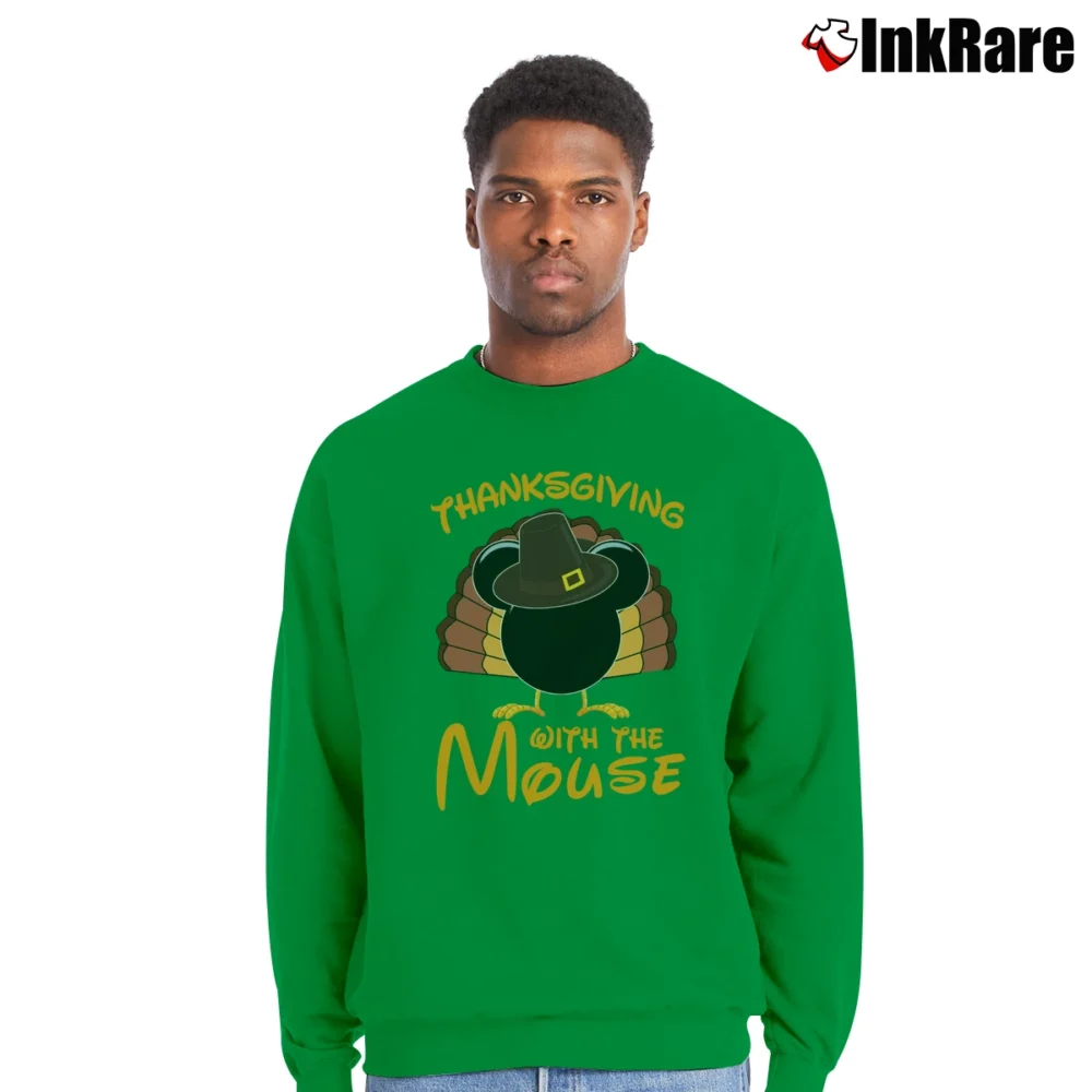 Men’s Happy Thanksgiving Disney Matching Family Mickey Crewneck Sweatshirt in irish green | Cozy Fabric, Clean Style