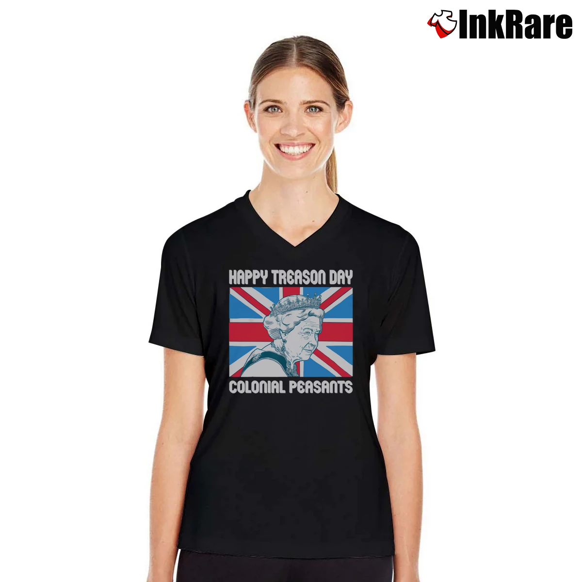 Women’s Happy Treason Day Colonial Peasants July 4 V-Neck Tee in black | Chic Neckline, Soft Texture