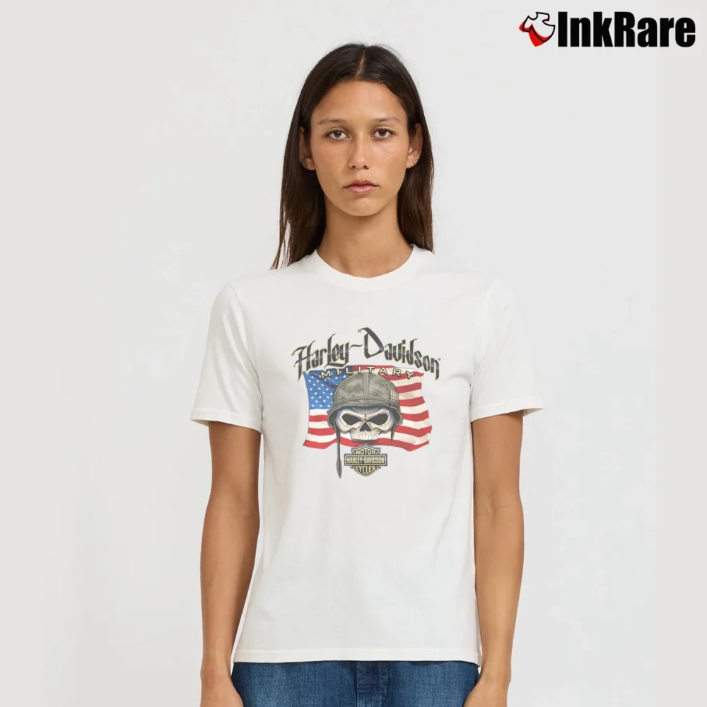 Women’s Harley Davidson Military Patriotic Skull Signature T-Shirt in white | Soft, Flattering Fit