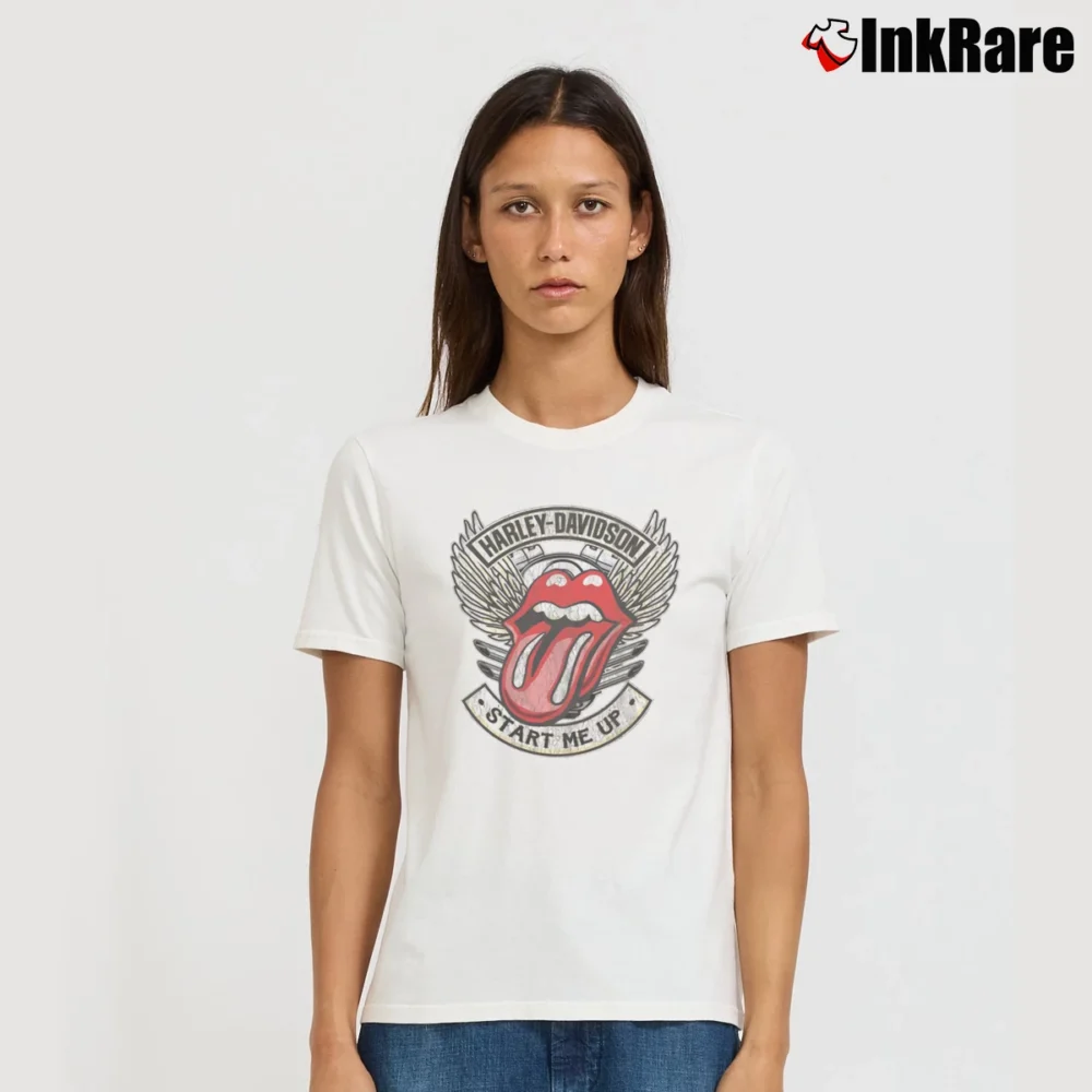 Women’s Harley Davidson Rolling Stones Start Me Up Signature T-Shirt in white | Soft, Flattering Fit