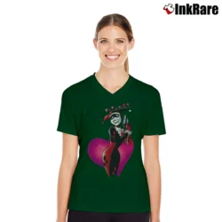 Women’s Harley Quinn Deadstock 90s DC Comics Batman Graphic V-Neck Tee in forest green | Chic Neckline, Soft Texture