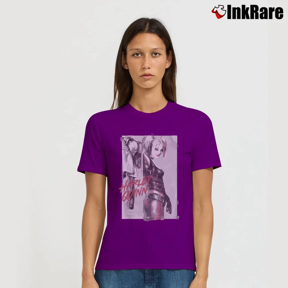 Women’s Harley Quinn Ink Wash White Graphic Signature T-Shirt in purple | Soft, Flattering Fit