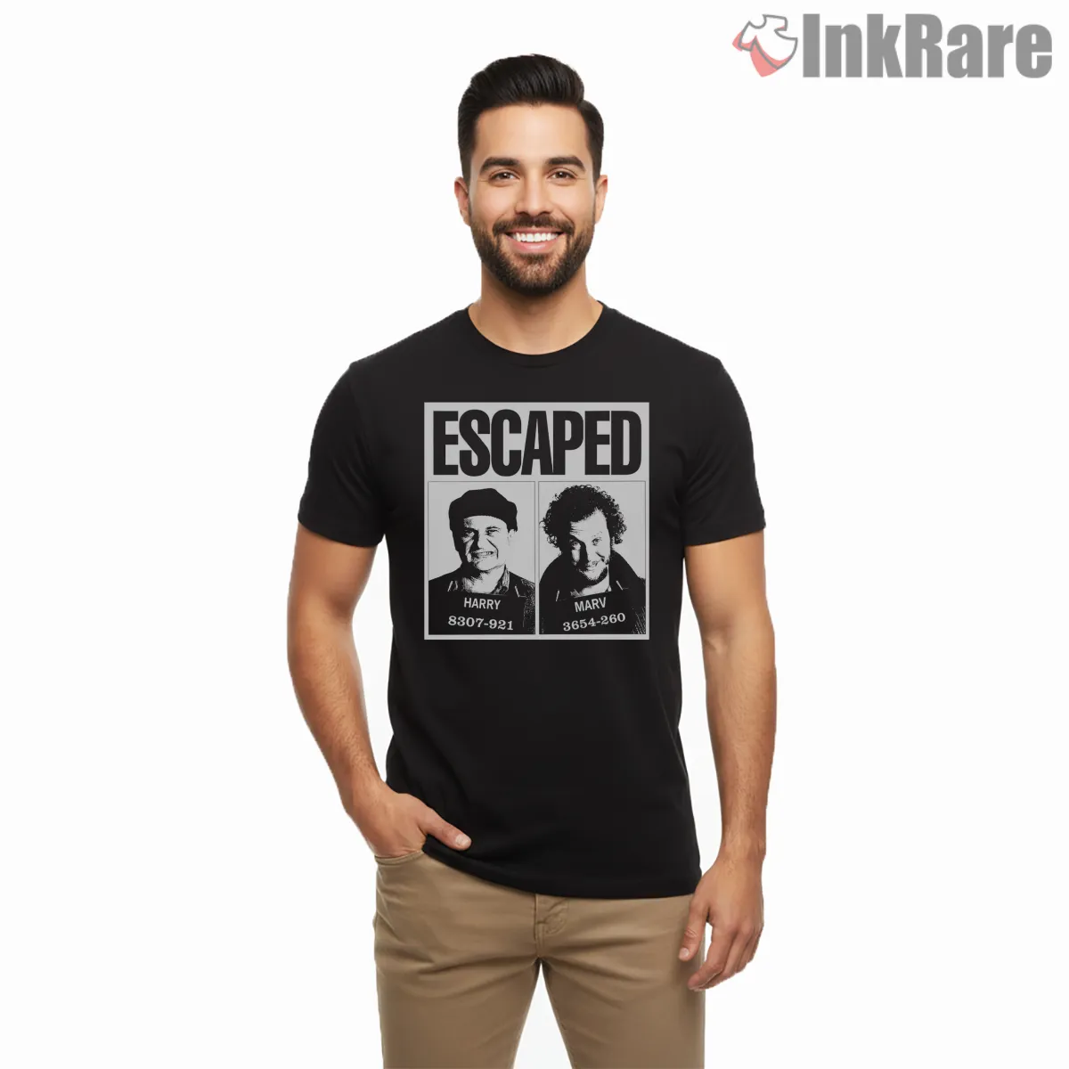 Harry And Marv Escaped Mugshot Poster Short Sleeve Black Harry And Marv Escaped Mugshot Poster Shirt on black short sleeve shirt for men graphic tee