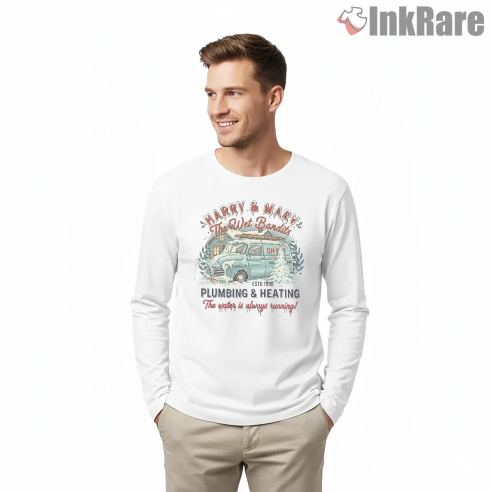 Harry And Marv Wet Bandits Snowy Plumbing Van Christmas Shirt on white long sleeve shirt for men graphic tee