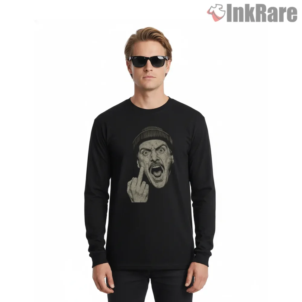 Harry Grumpy Middle Finger Sketch Shirt on black long sleeve shirt for men graphic tee