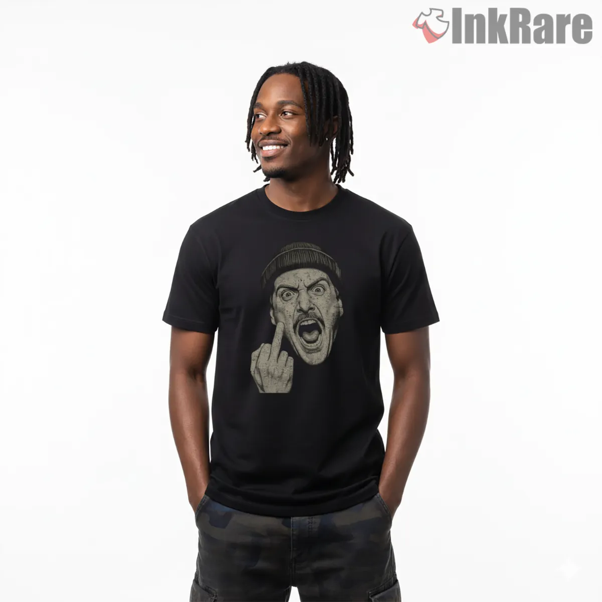 Harry Grumpy Middle Finger Sketch Shirt on black short sleeve shirt for men graphic tee