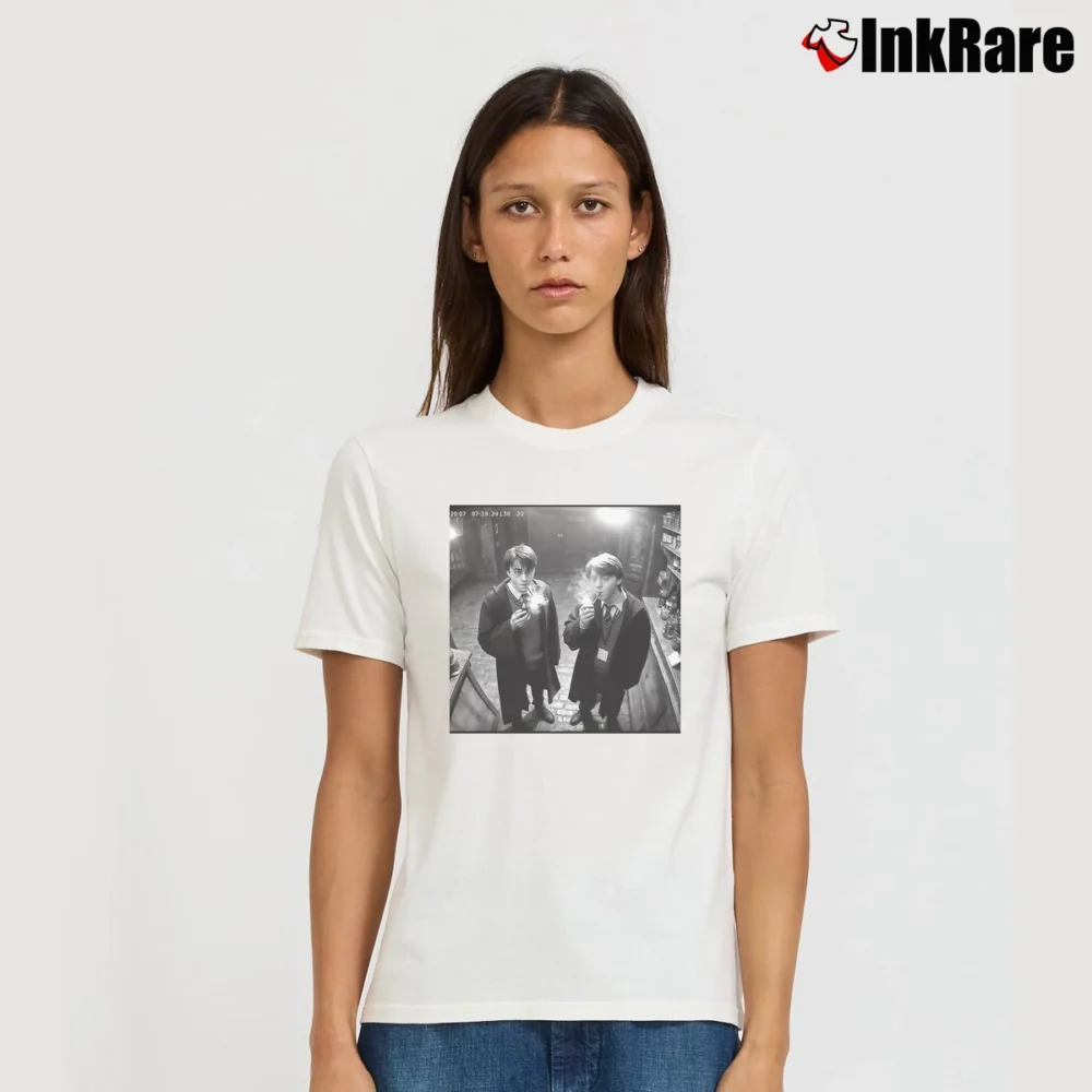 Women’s Harry Pot And Ron Smoking Meme Party Funny Fan Signature T-Shirt in white | Soft, Flattering Fit