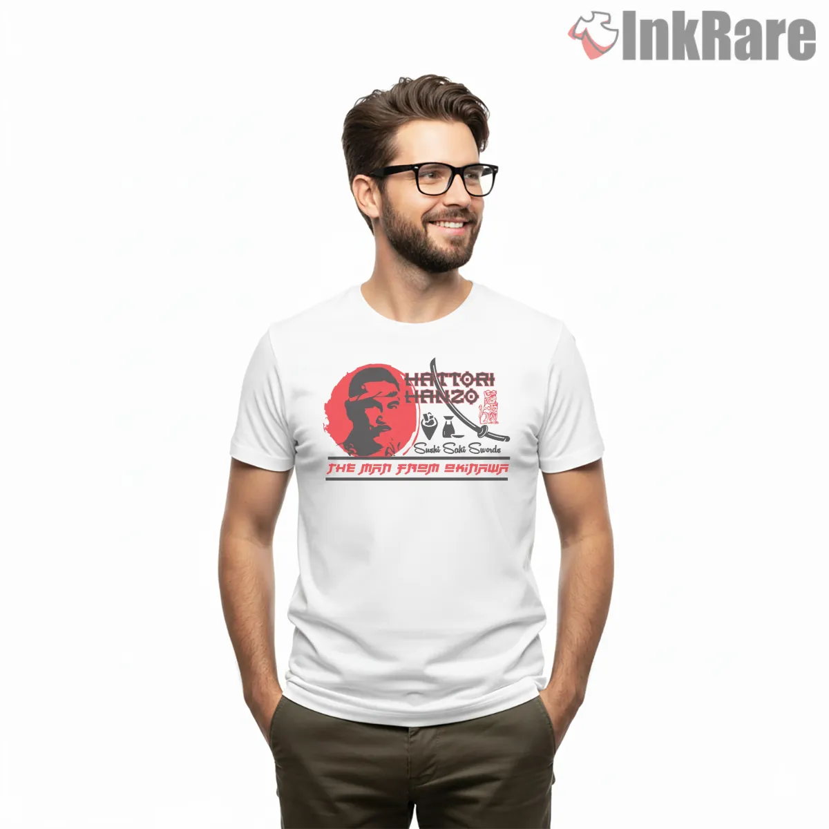 Hattori Hanzo Okinawa Sushi Sake Retro Kill Bill Shirt on white short sleeve shirt for men graphic tee
