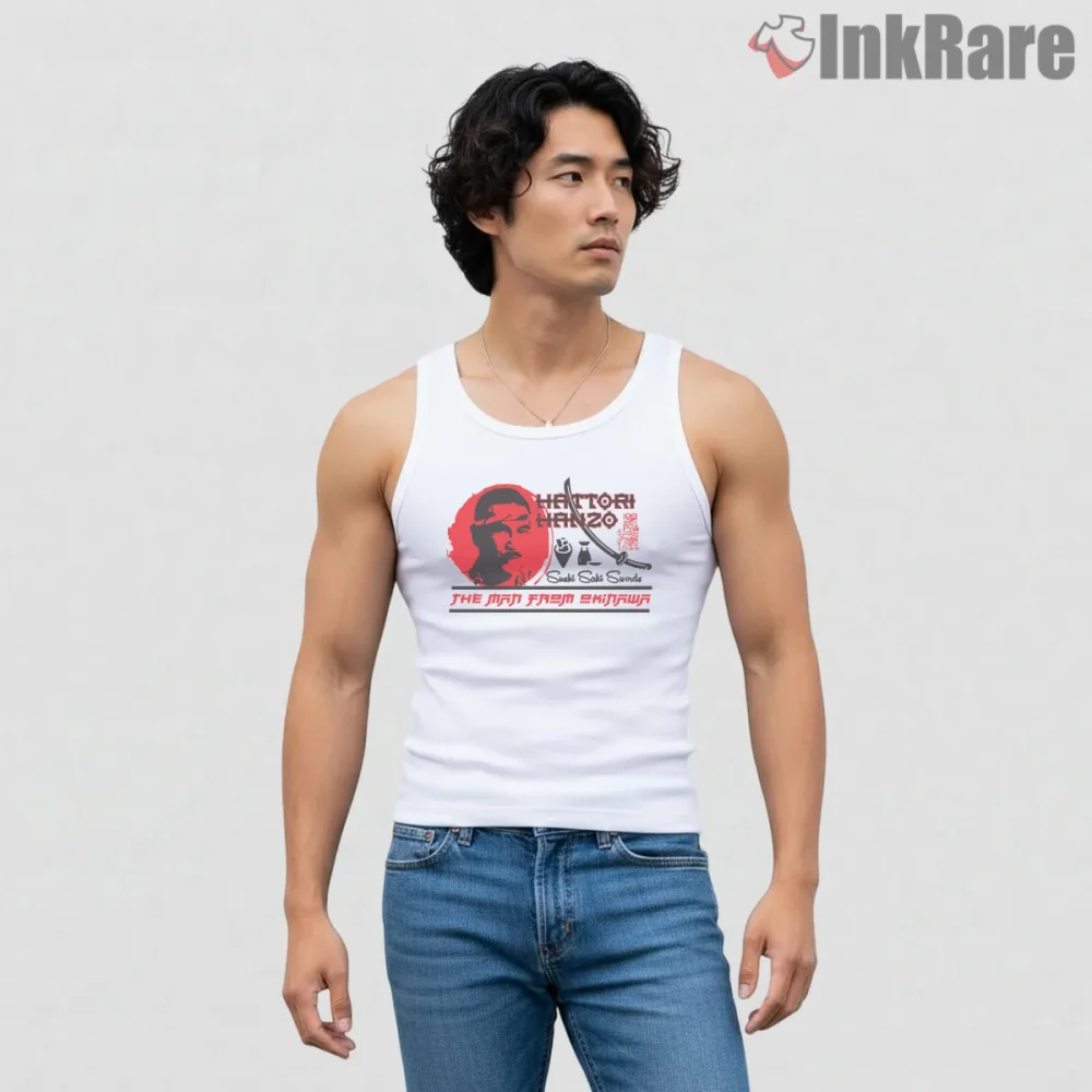 Hattori Hanzo Okinawa Sushi Sake Retro Kill Bill Shirt on white tank top for men graphic tee