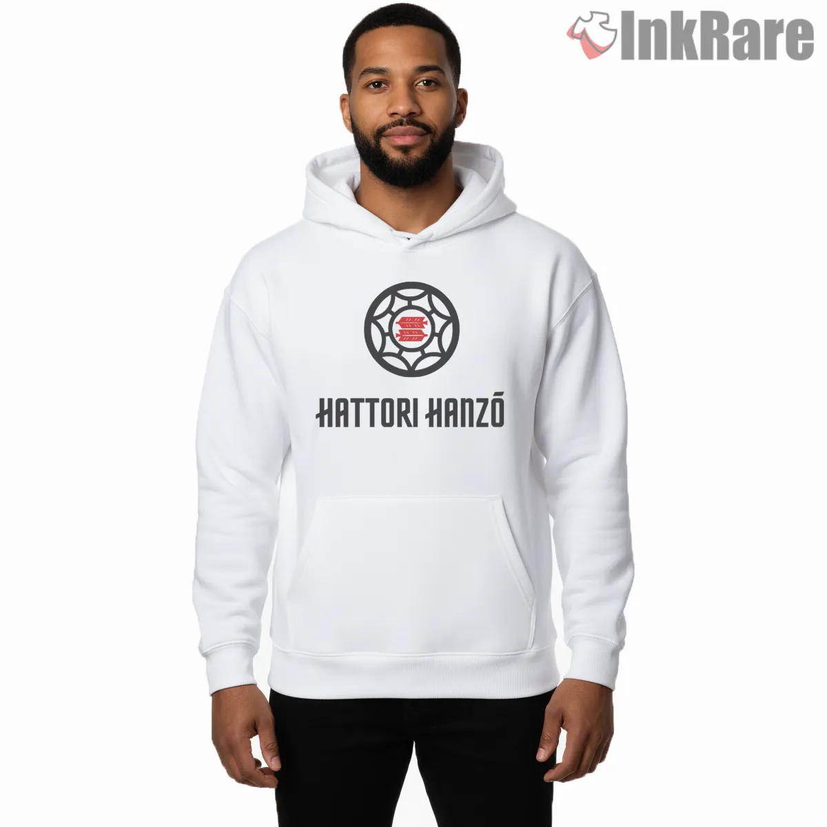 Hattori Hanzo Samurai Crest Minimal Emblem Hoodie White Hattori Hanzo Samurai Crest Minimal Emblem Shirt on white hoodie for men graphic tee