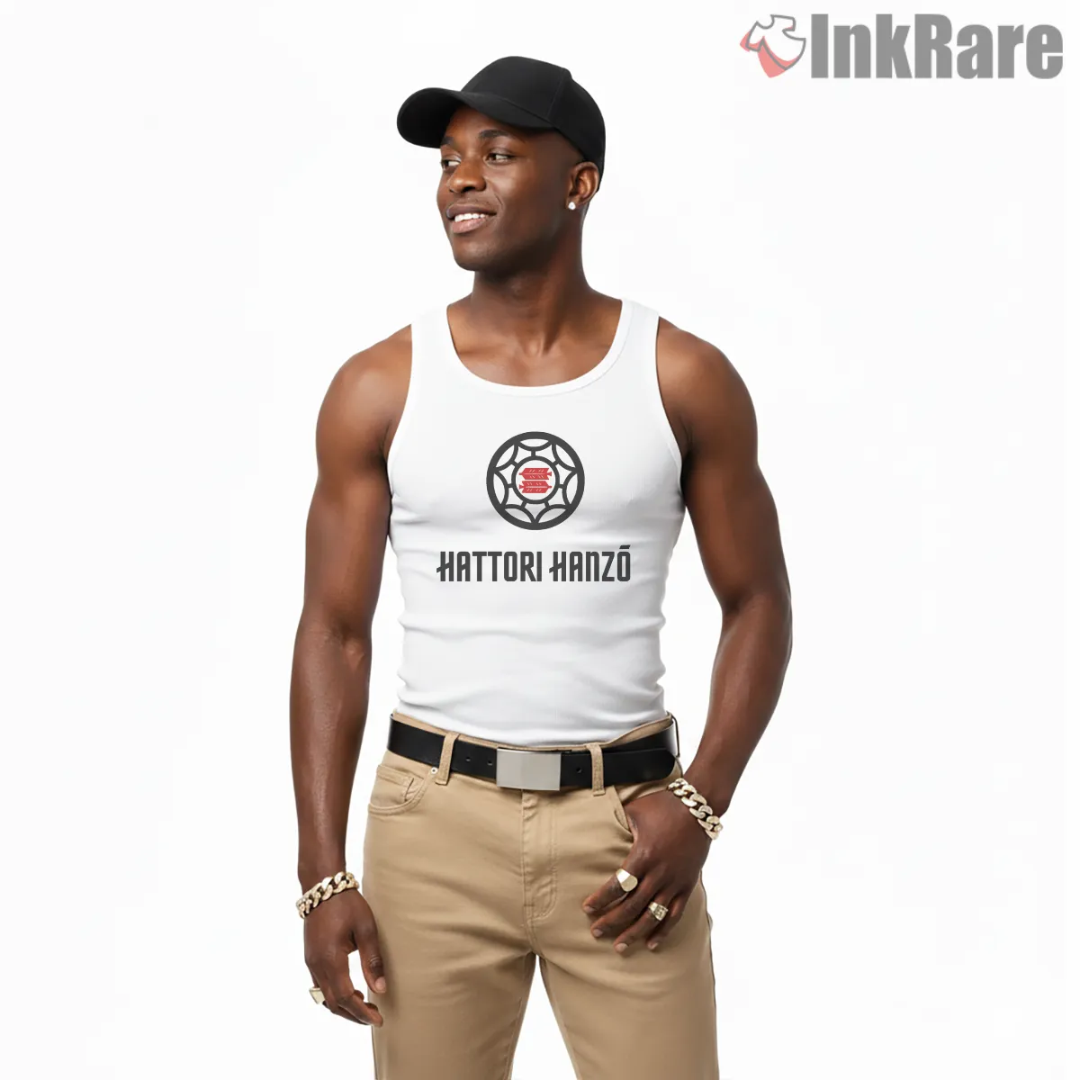 Hattori Hanzo Samurai Crest Minimal Emblem Tank Top White Hattori Hanzo Samurai Crest Minimal Emblem Shirt on white tank top for men graphic tee