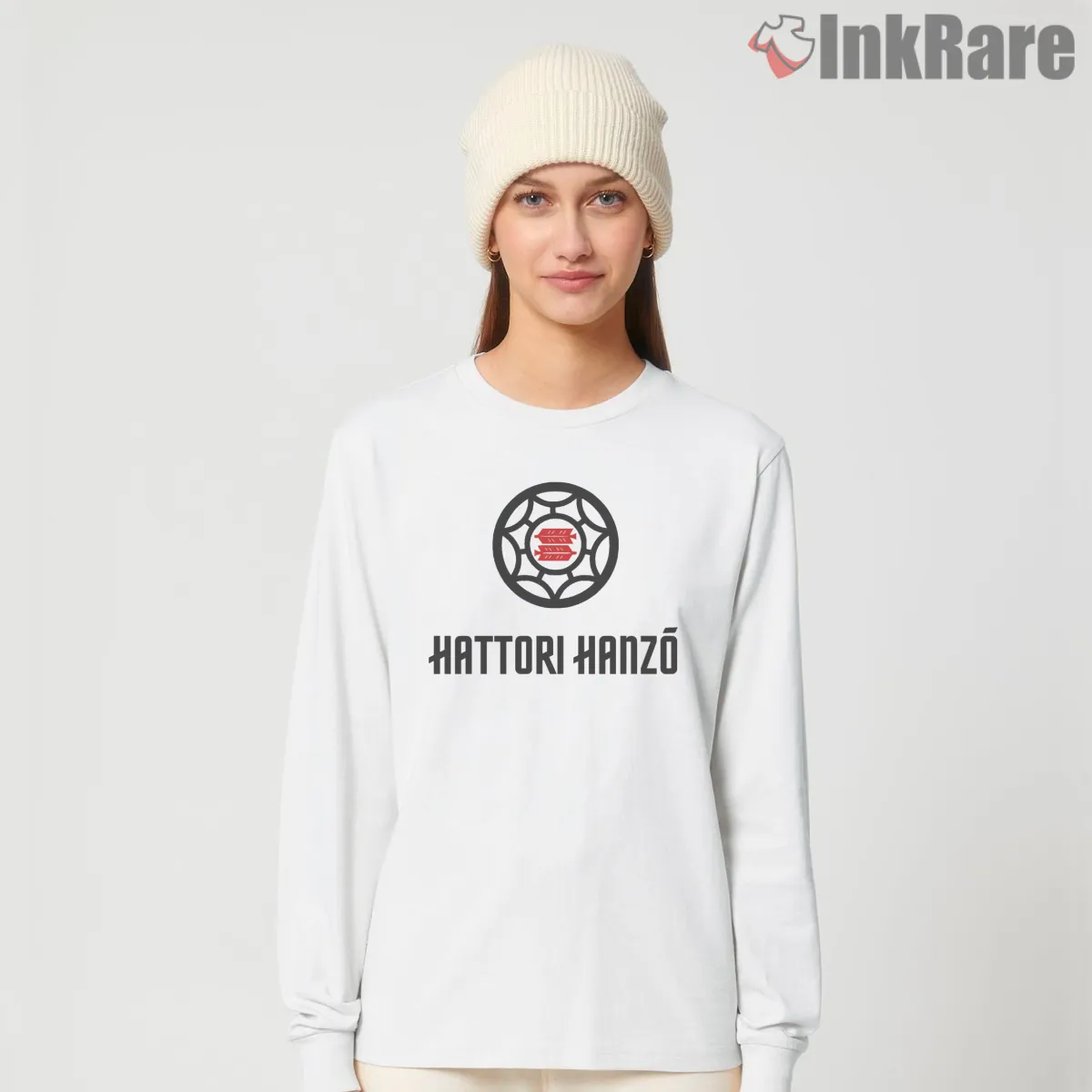 Hattori Hanzo Samurai Crest Minimal Emblem Long Sleeve White Hattori Hanzo Samurai Crest Minimal Emblem Shirt on white long sleeve shirt for women graphic tee